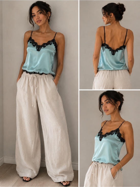 Natori Other - Natori seafoam Blue Slip with Black Lace Trim